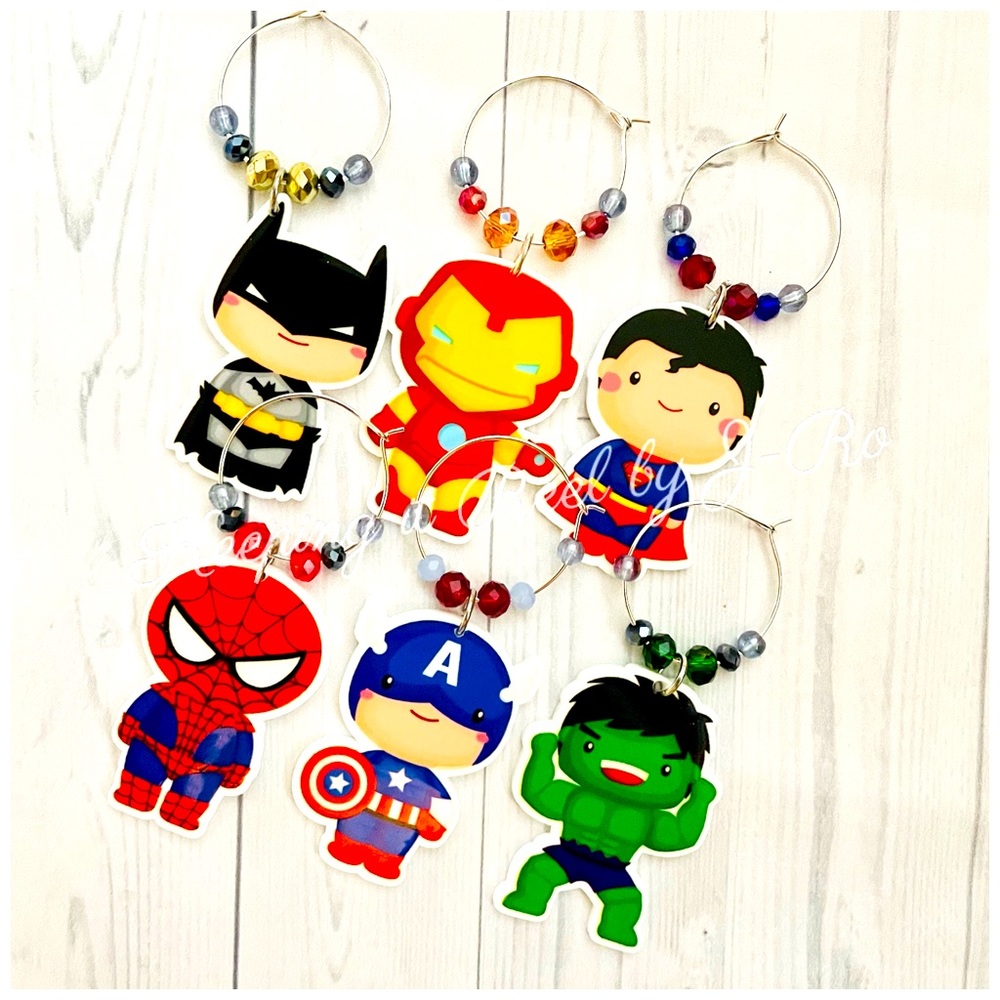 Superhero themed wine charms